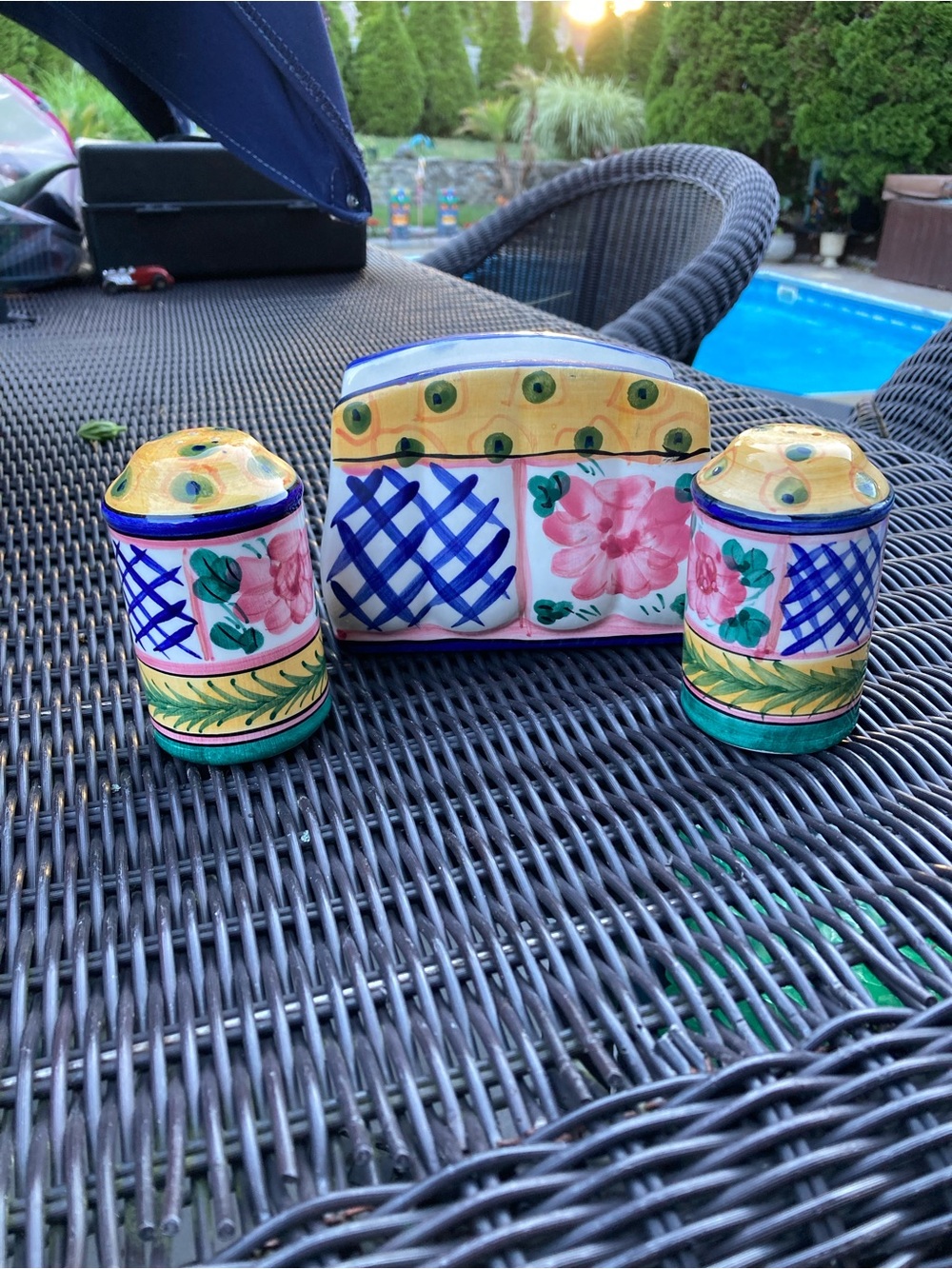 Hand-Painted Floral Ceramic Salt & Pepper Set with Napkin Holder - Multicolor